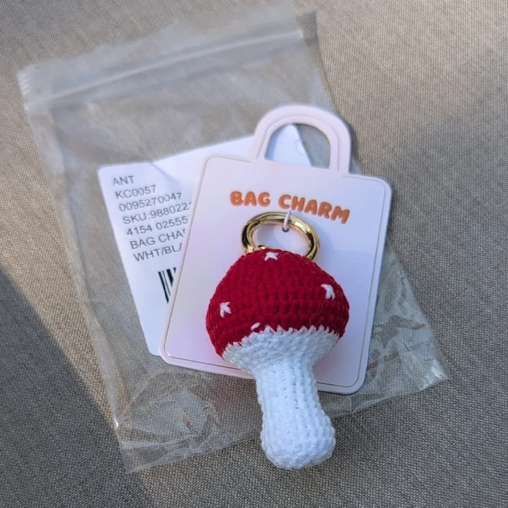 Anthropologie Red and White Crochet Mushroom Bag Charm NWT
